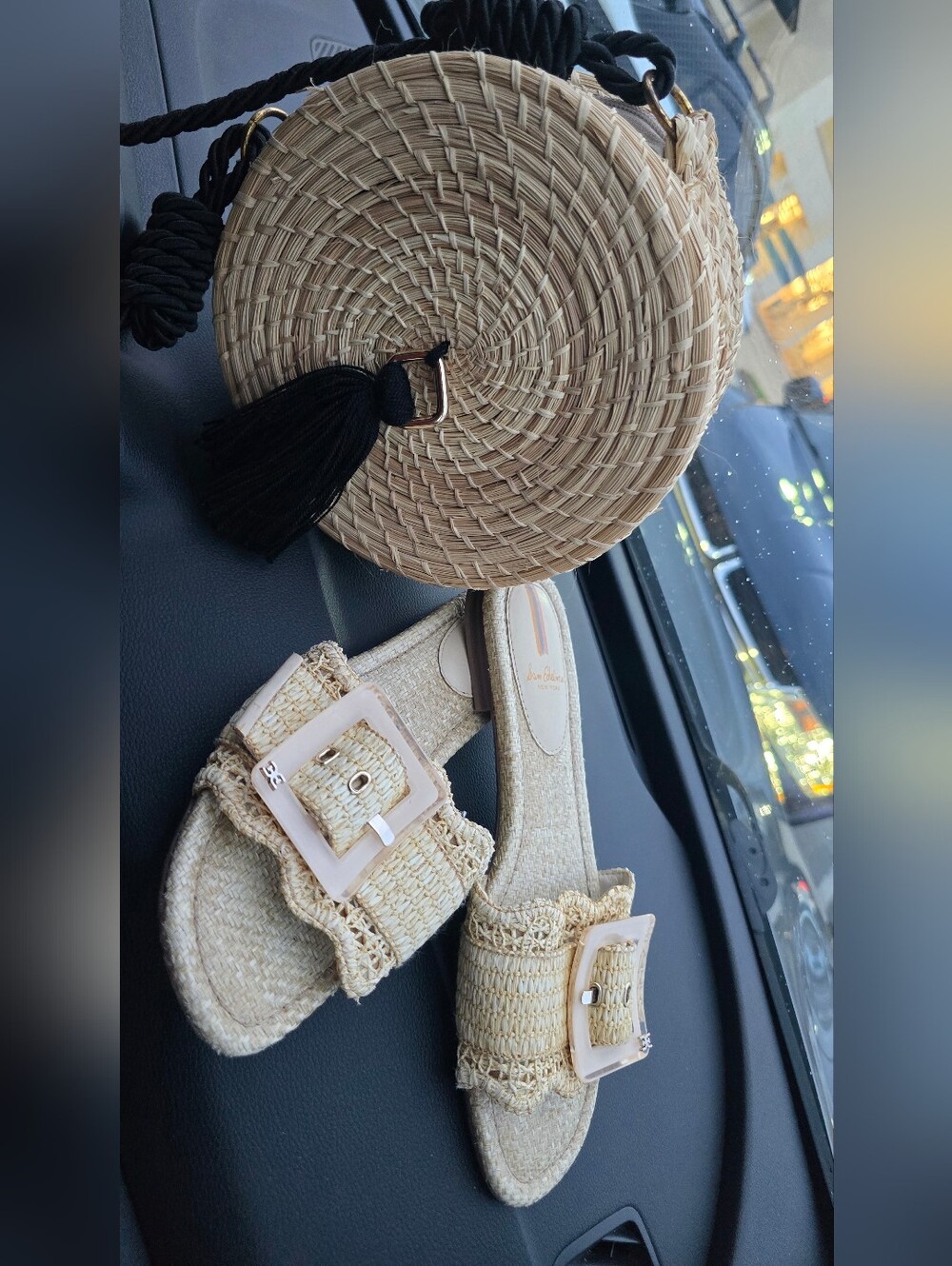 Sam Edelman Raffia Slide Sandals 9.5M & Round Straw Crossbody Bag Boho Set